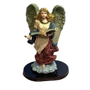 Angel Figurine Holding Book & Candle Green Wings
